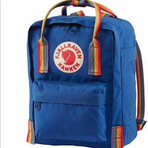 Fjällräven Kanken Mini Blue with Rainbow Straps.